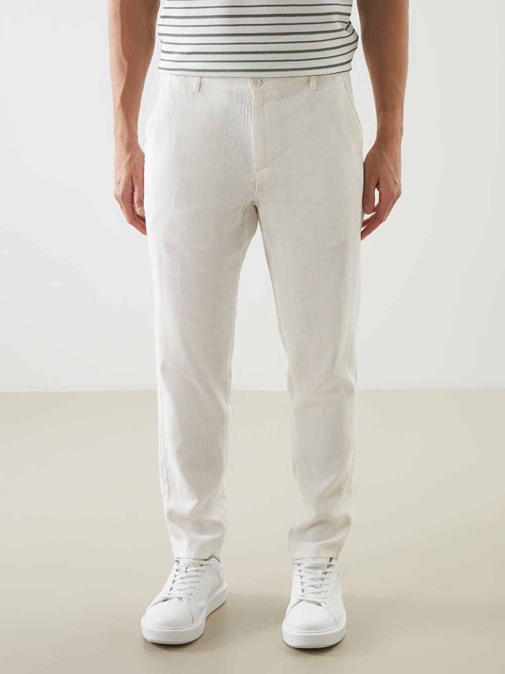 Ekru Standart Kalıp Keten Karışımlı Erkek Chino Pantolon-1