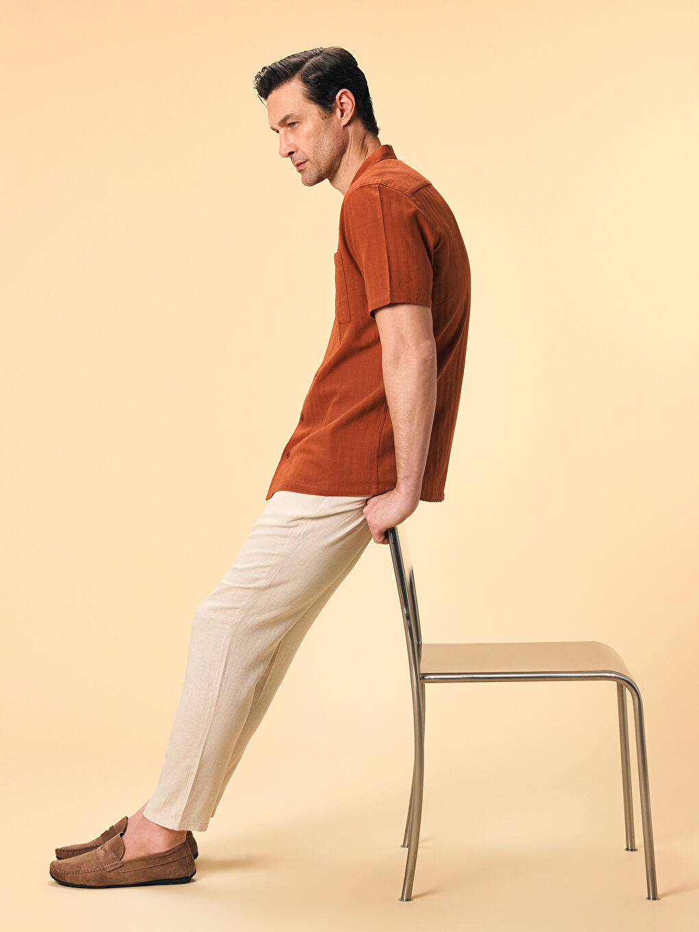 Bej Standart Kalıp Keten Karışımlı Erkek Chino Pantolon