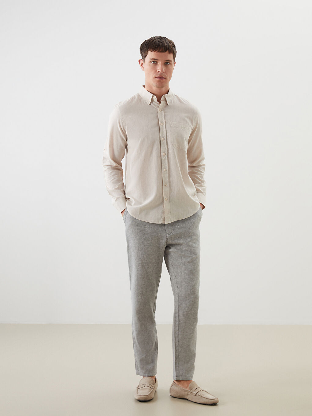 Standard Fit Linen Blend Men's Chino Trousers -S51104Z8-P5X