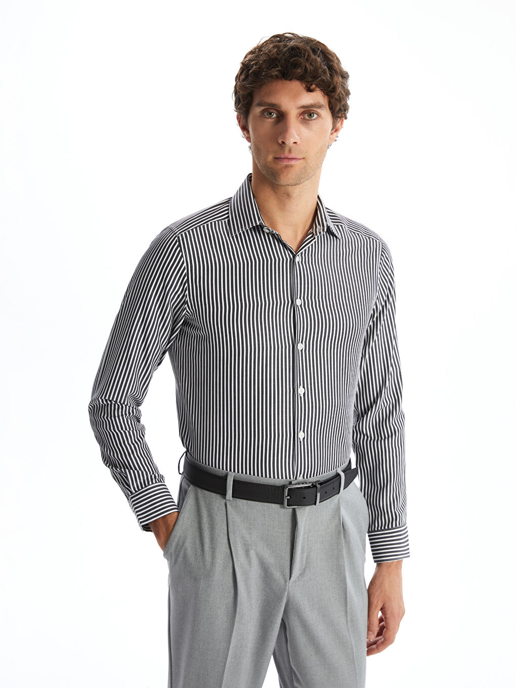Slim Fit Long Sleeve Striped Poplin Men's Shirt -S51116Z8-LEG