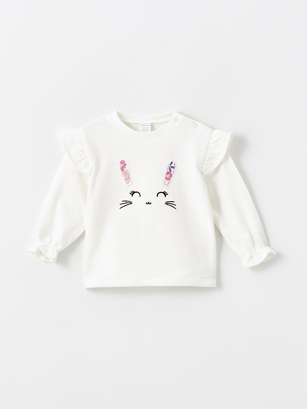 Ekru Bisiklet Yaka Nakışlı Kız Bebek Tişört