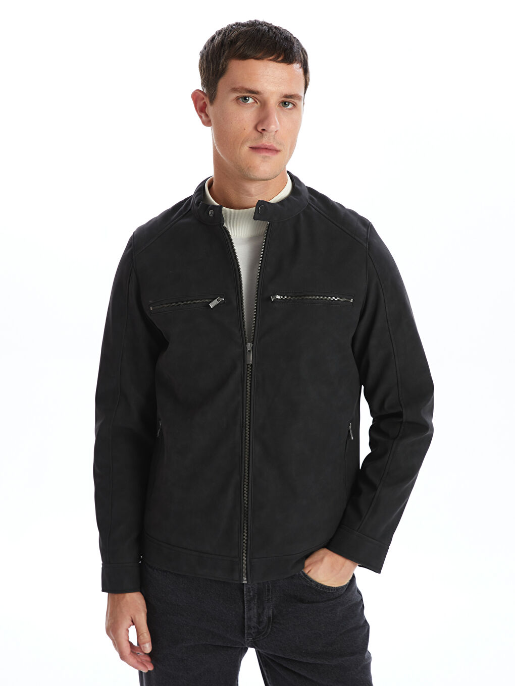 Slim Fit Biker Neck Men's Faux Leather Coat -S51169Z8-CUZ