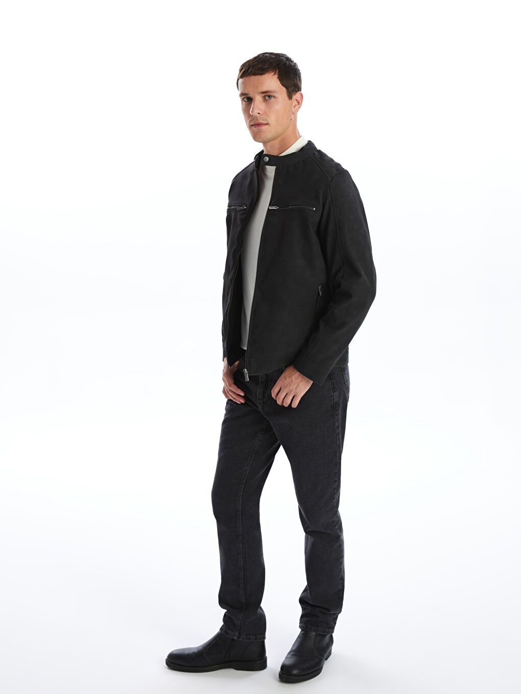 Slim Fit Biker Neck Men's Faux Leather Coat -S51169Z8-CUZ