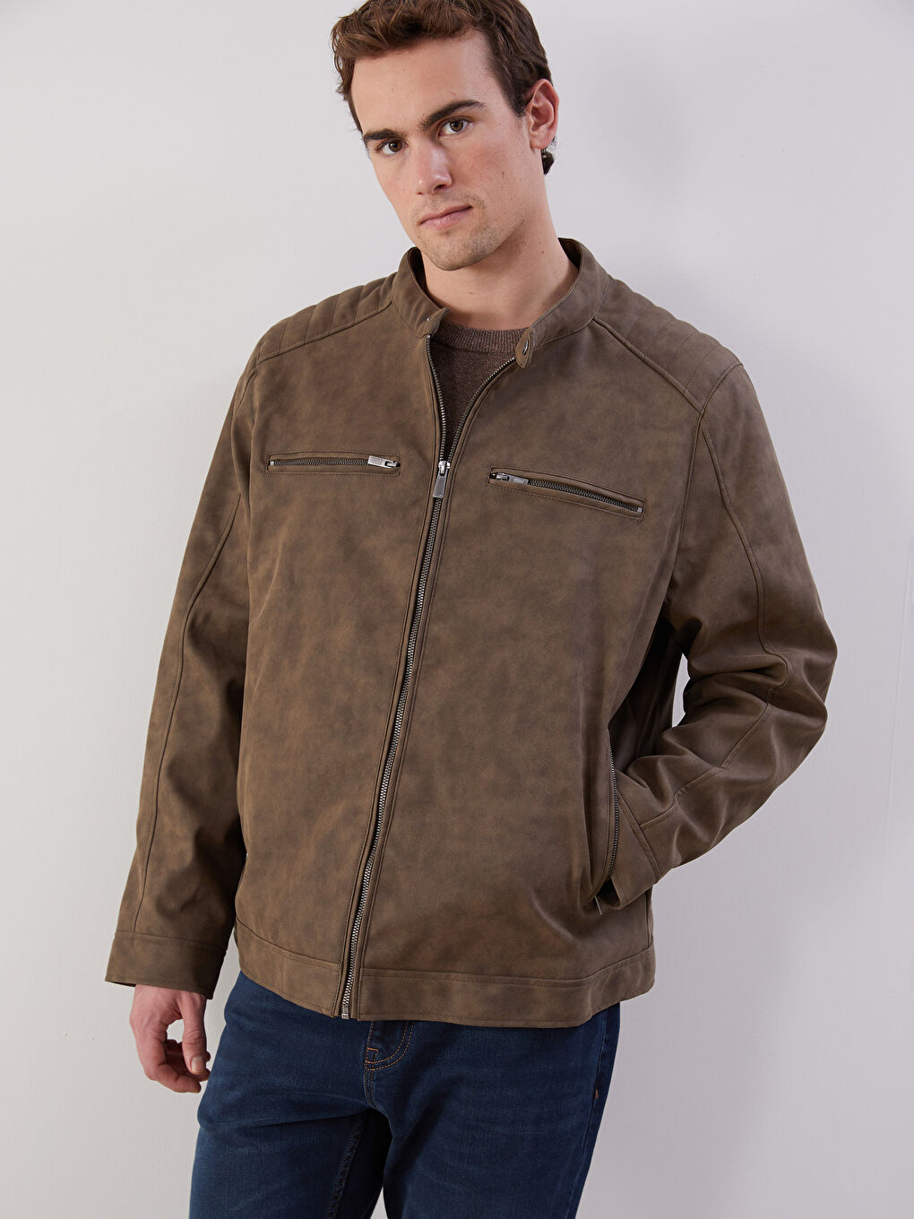Slim Fit Biker Neck Men's Faux Leather Coat -S51169Z8-DFV