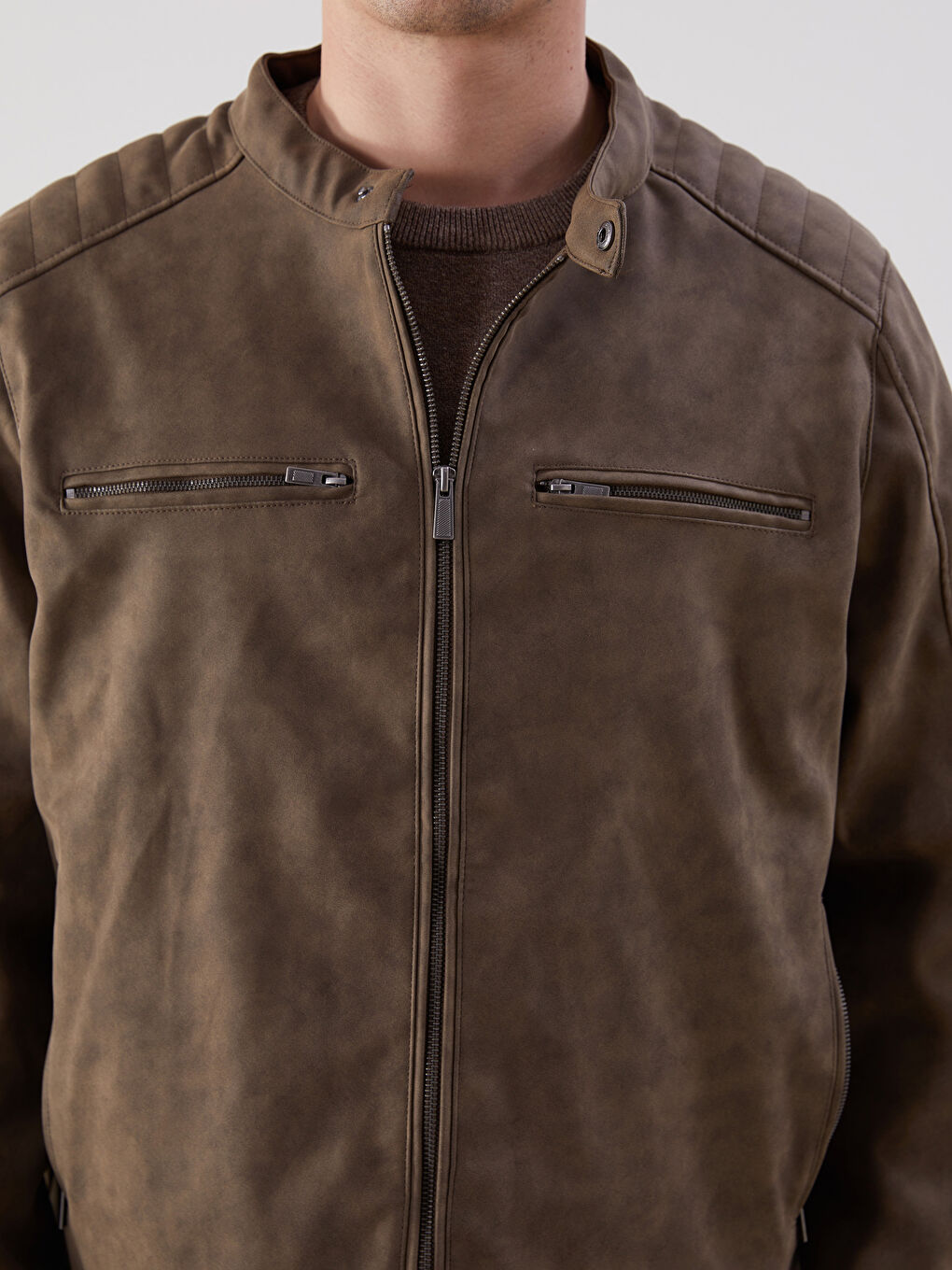 Slim Fit Biker Neck Men's Faux Leather Coat -S51169Z8-DFV