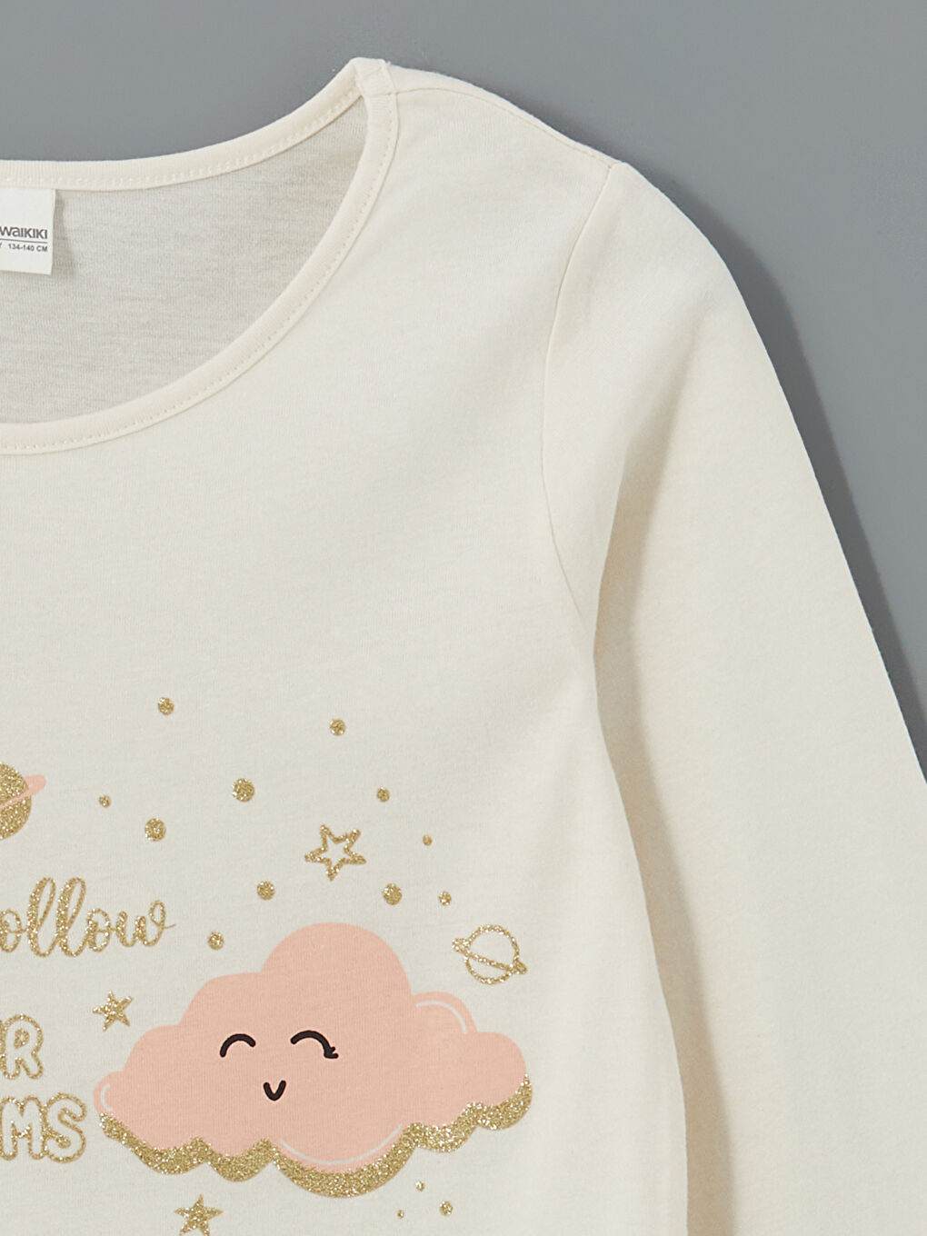 Ekru Bisiklet Yaka Kız Çocuk Pijama Üst-1