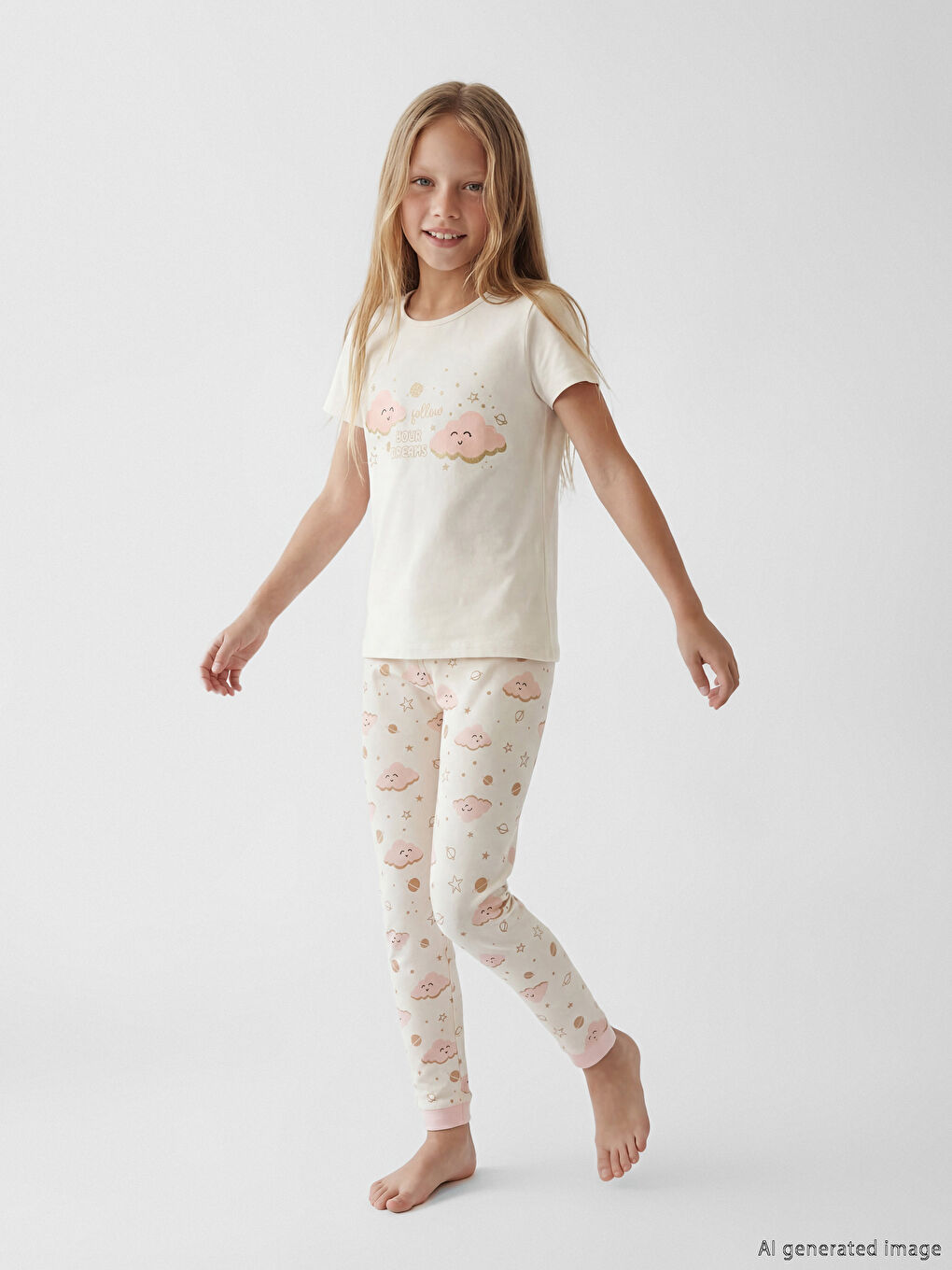 Ekru Bisiklet Yaka Kız Çocuk Pijama Takımı