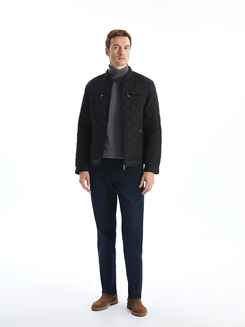 Siyah Standart Kalıp Biker Yaka Erkek Şişme Mont-1