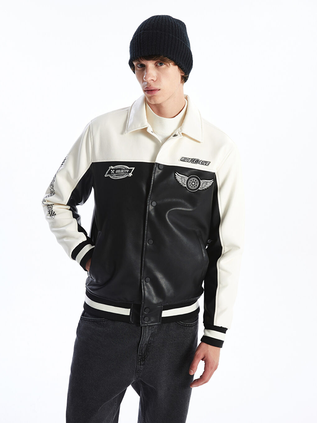 بالطو جلد صناعي بياقة قميص عادي للرجال-2