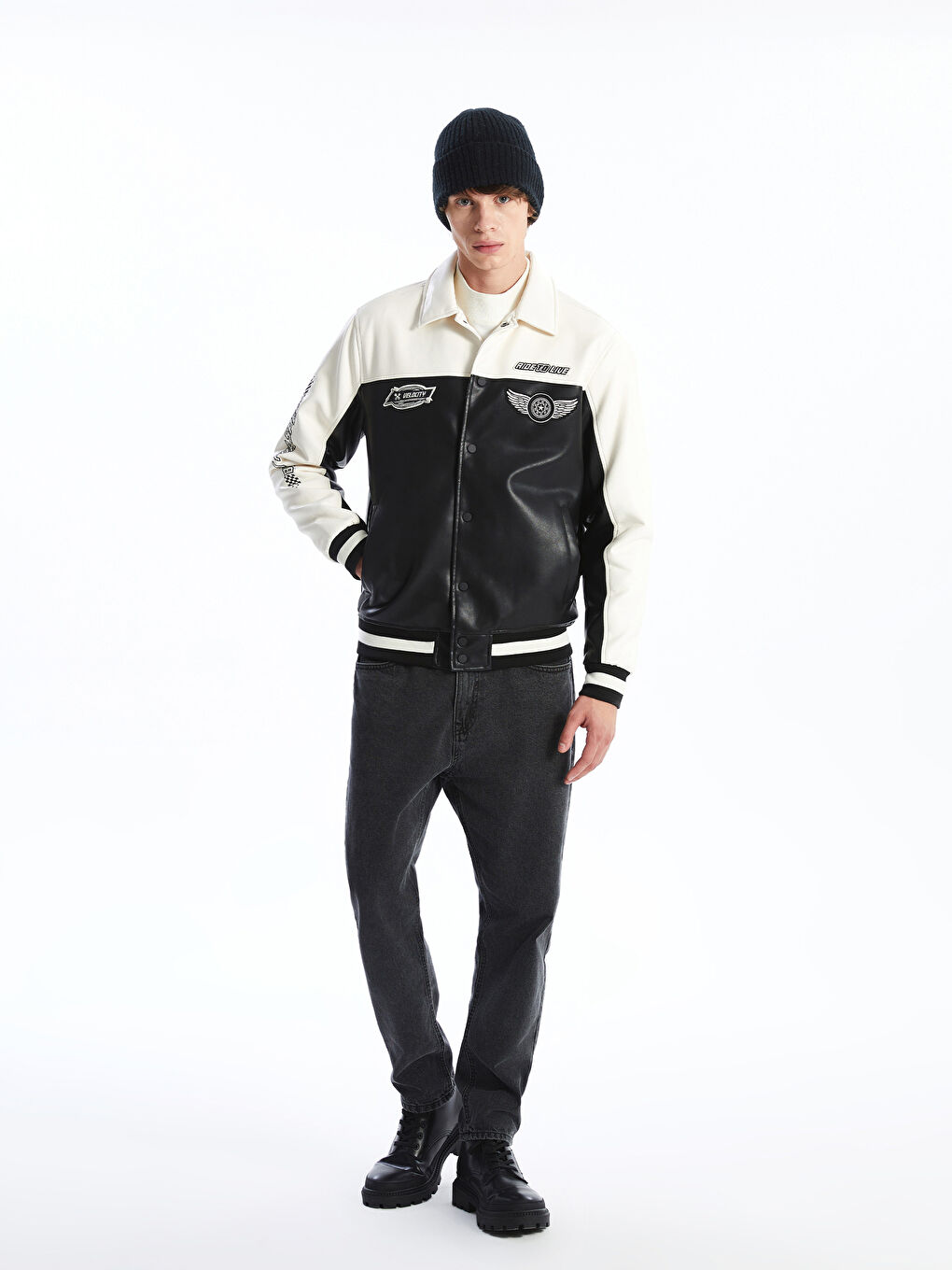 بالطو جلد صناعي بياقة قميص عادي للرجال-3