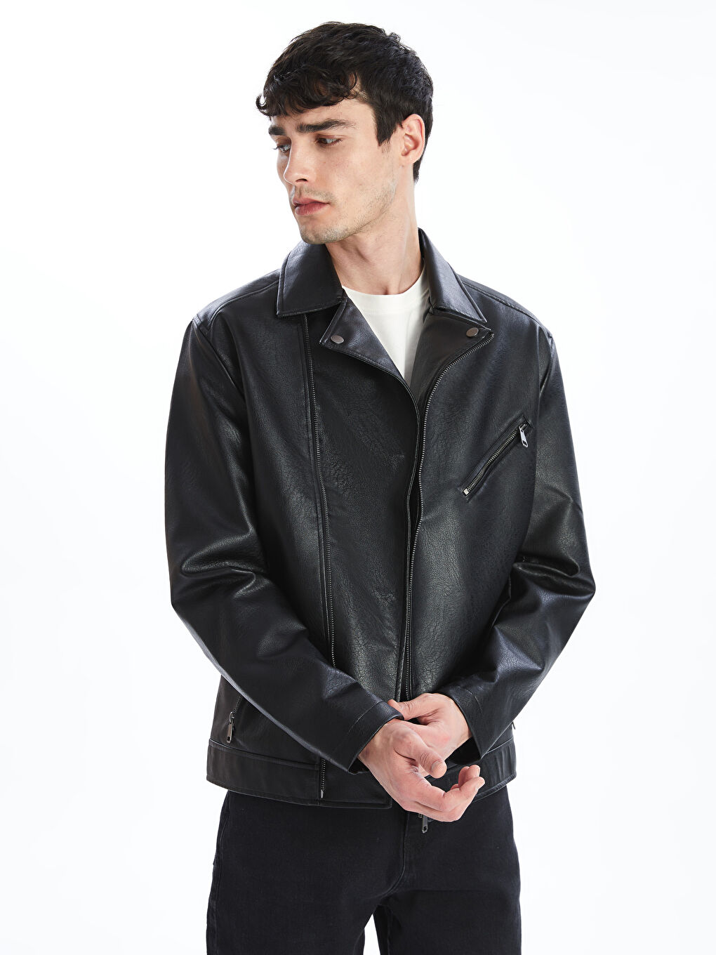 Standard Fit Shirt Neck Men's Faux Leather Jacket -S51550Z8-CVL