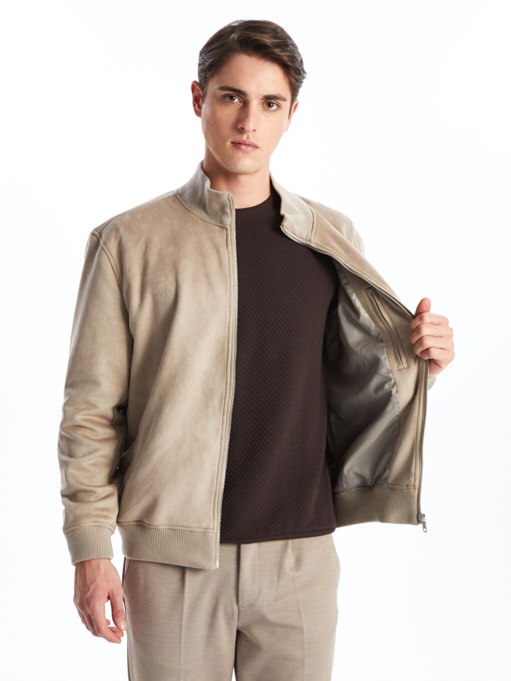 Standard Fit Standing Collar Suede Men's Coat -S51577Z8-JEJ