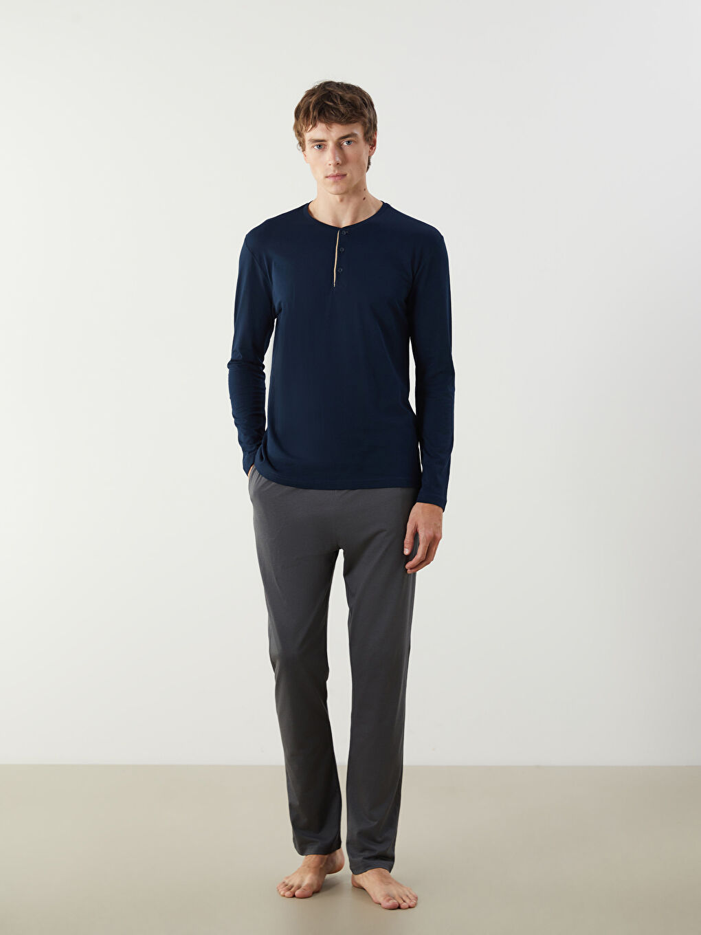 Lacivert Bisiklet Yaka Uzun Kollu Erkek Pijama Üst-1