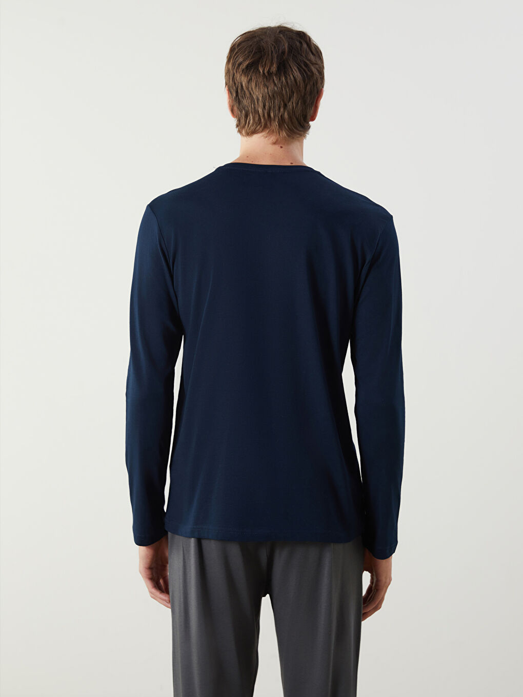 Lacivert Bisiklet Yaka Uzun Kollu Erkek Pijama Üst-3