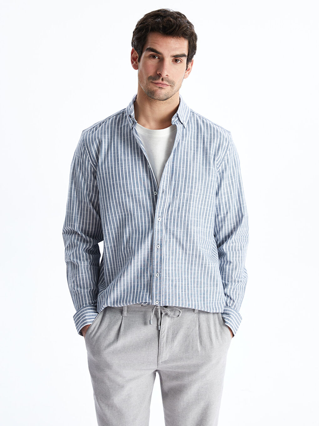 Slim Fit Long Sleeve Striped Poplin Men's Shirt -S51655Z8-LGS