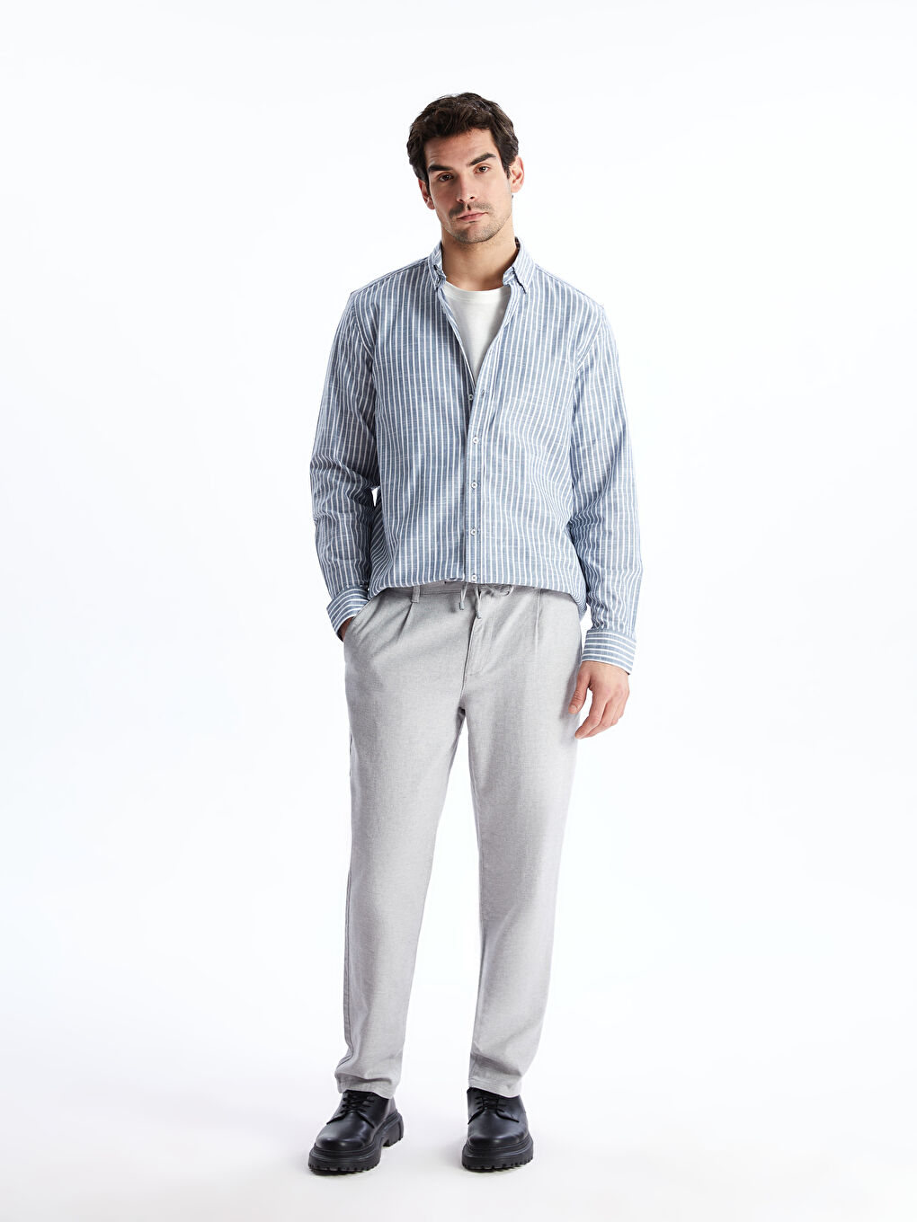 Slim Fit Long Sleeve Striped Poplin Men's Shirt -S51655Z8-LGS