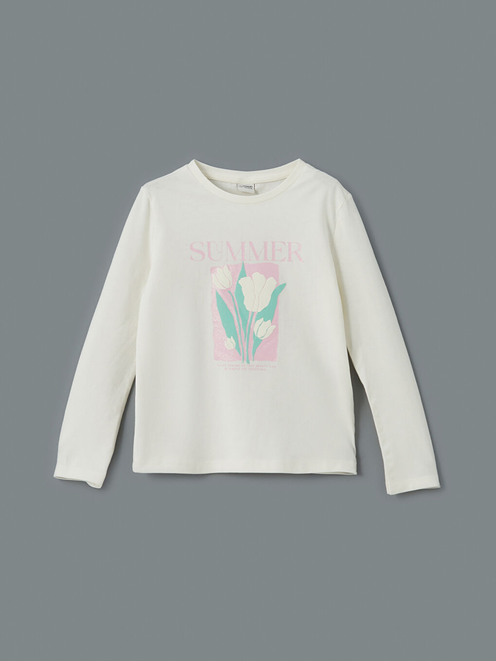 Ekru Bisiklet Yaka Çiçekli Kız Çocuk Tişört