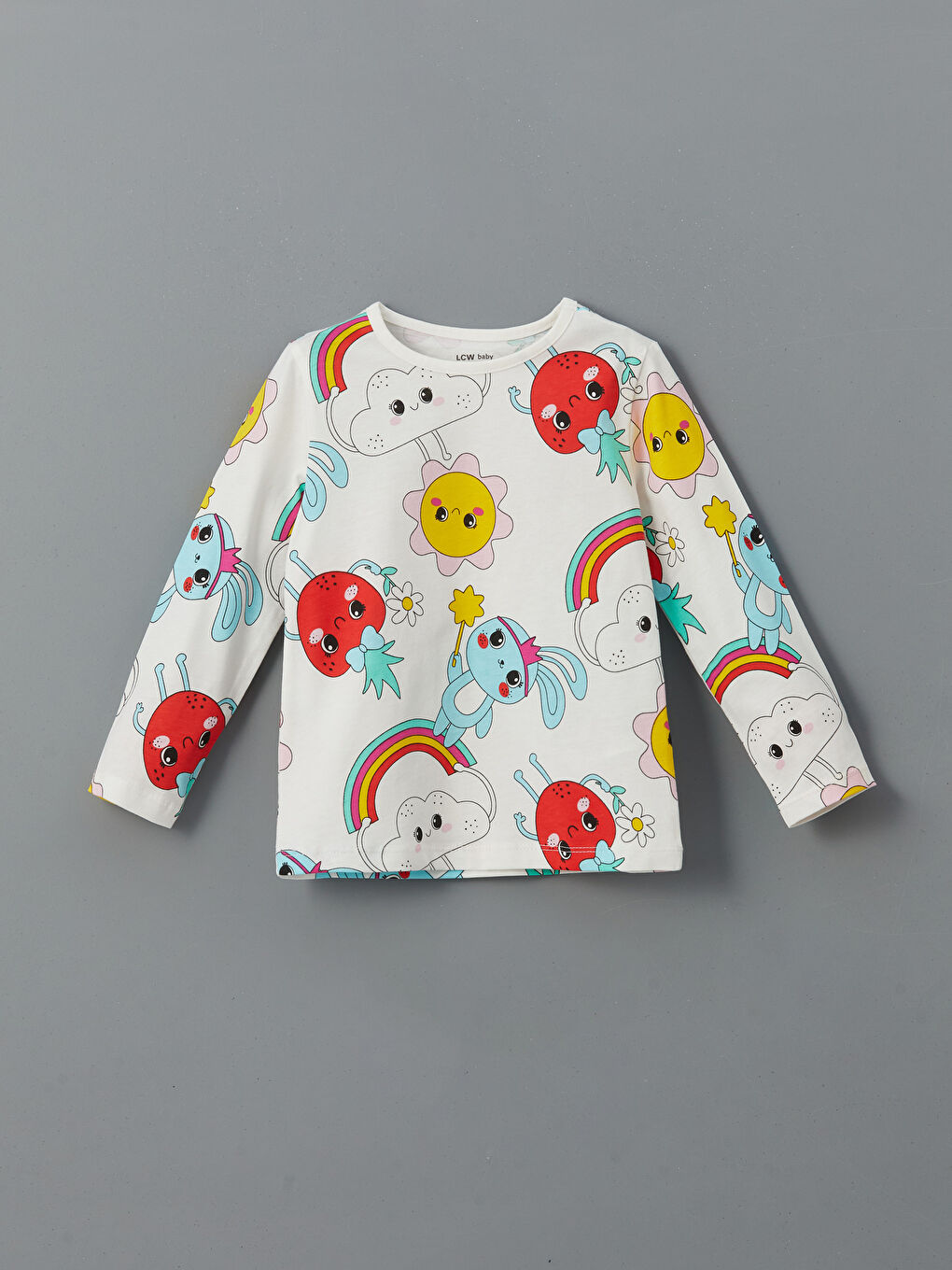 Ekru Bisiklet Yaka Baskılı Kız Bebek Pijama Üst