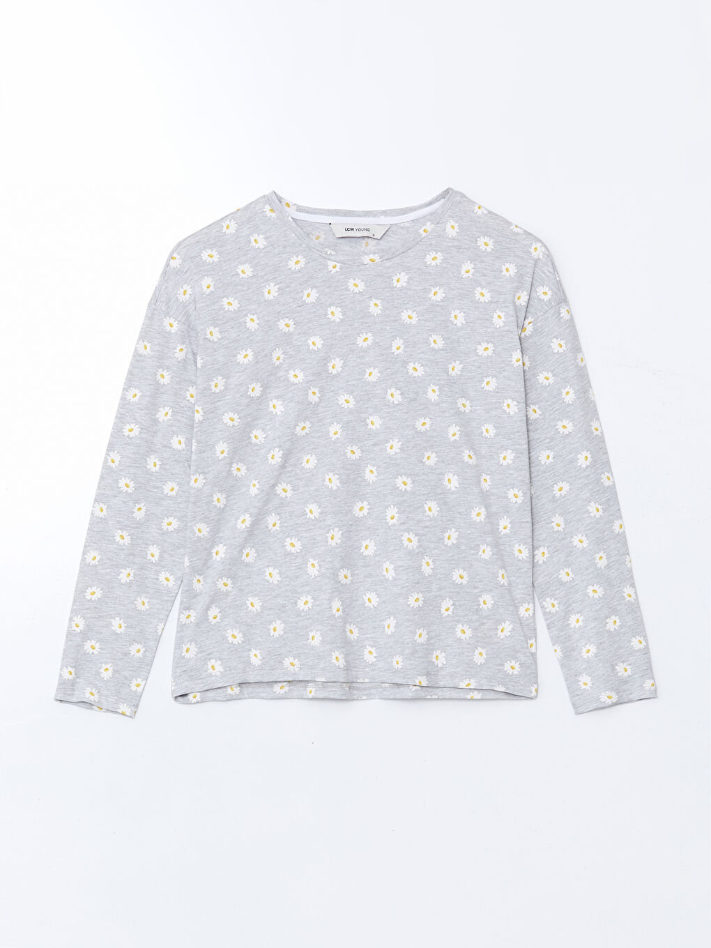 Gri Bisiklet Yaka Çiçekli Kadın Pijama Üstü