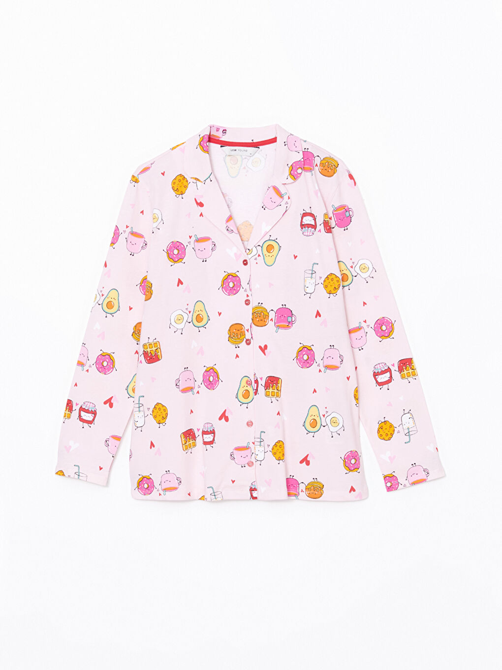 Pembe Gömlek Yaka Baskılı Kadın Pijama Üstü