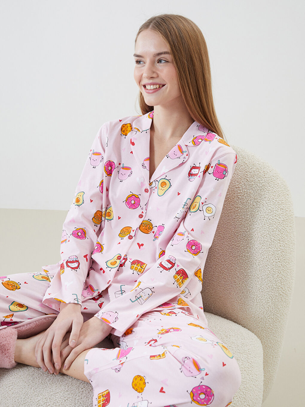 Pembe Gömlek Yaka Baskılı Kadın Pijama Takımı