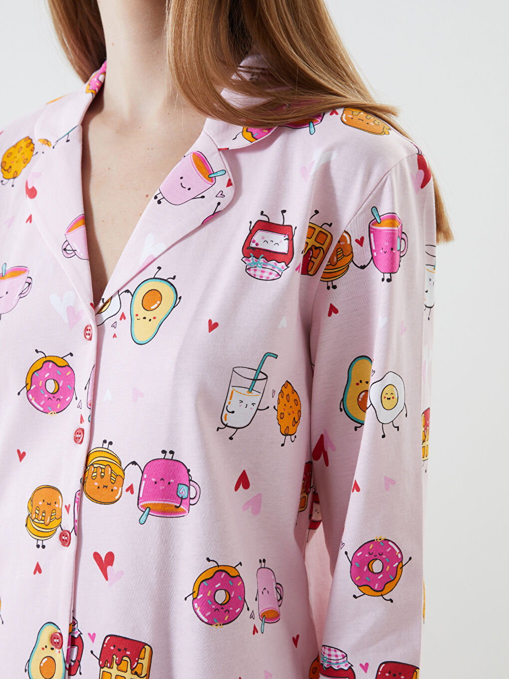 Pembe Gömlek Yaka Baskılı Kadın Pijama Takımı-2