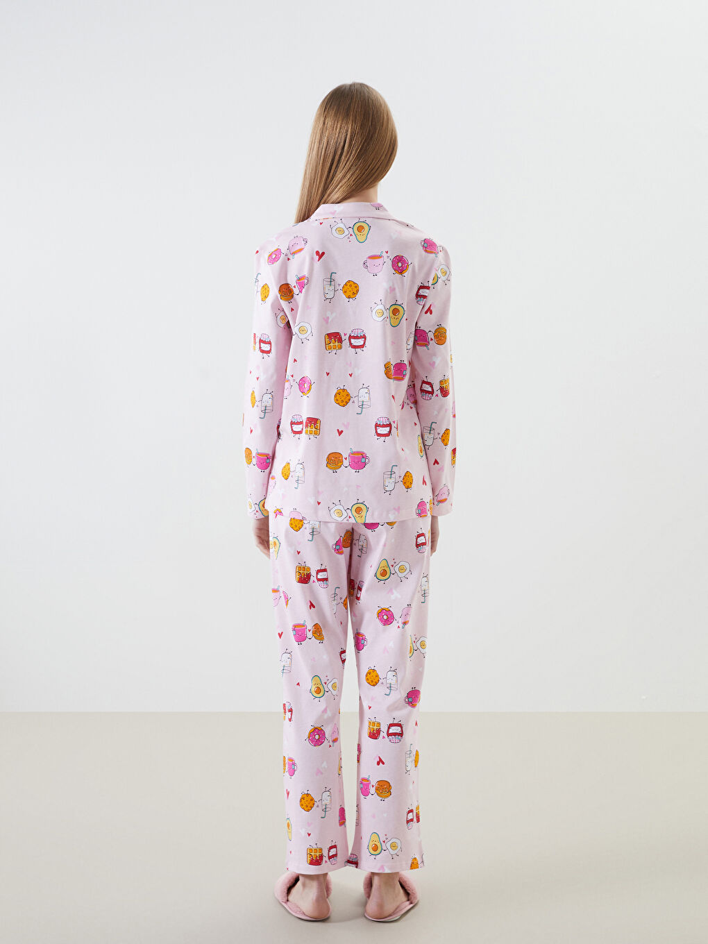 Pembe Gömlek Yaka Baskılı Kadın Pijama Takımı-3