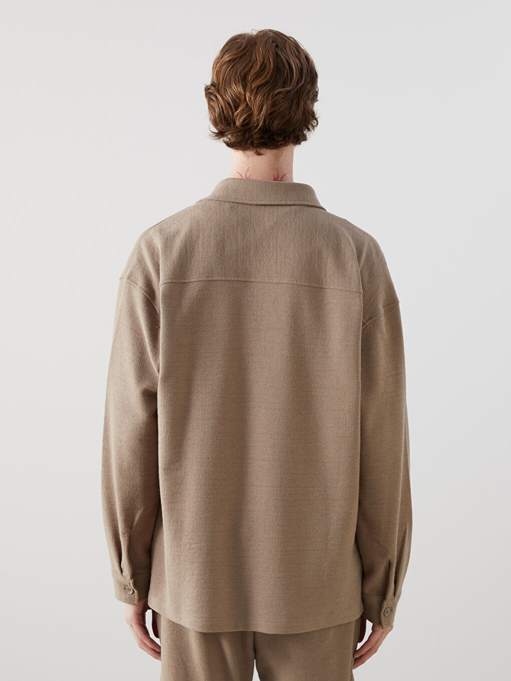 Kahverengi Rahat Kalıp Uzun Kollu Gabardin Erkek Gömlek-2