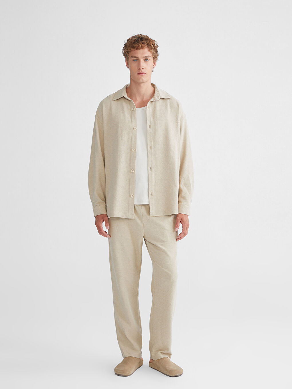 Bej Rahat Kalıp Uzun Kollu Gabardin Erkek Gömlek-1