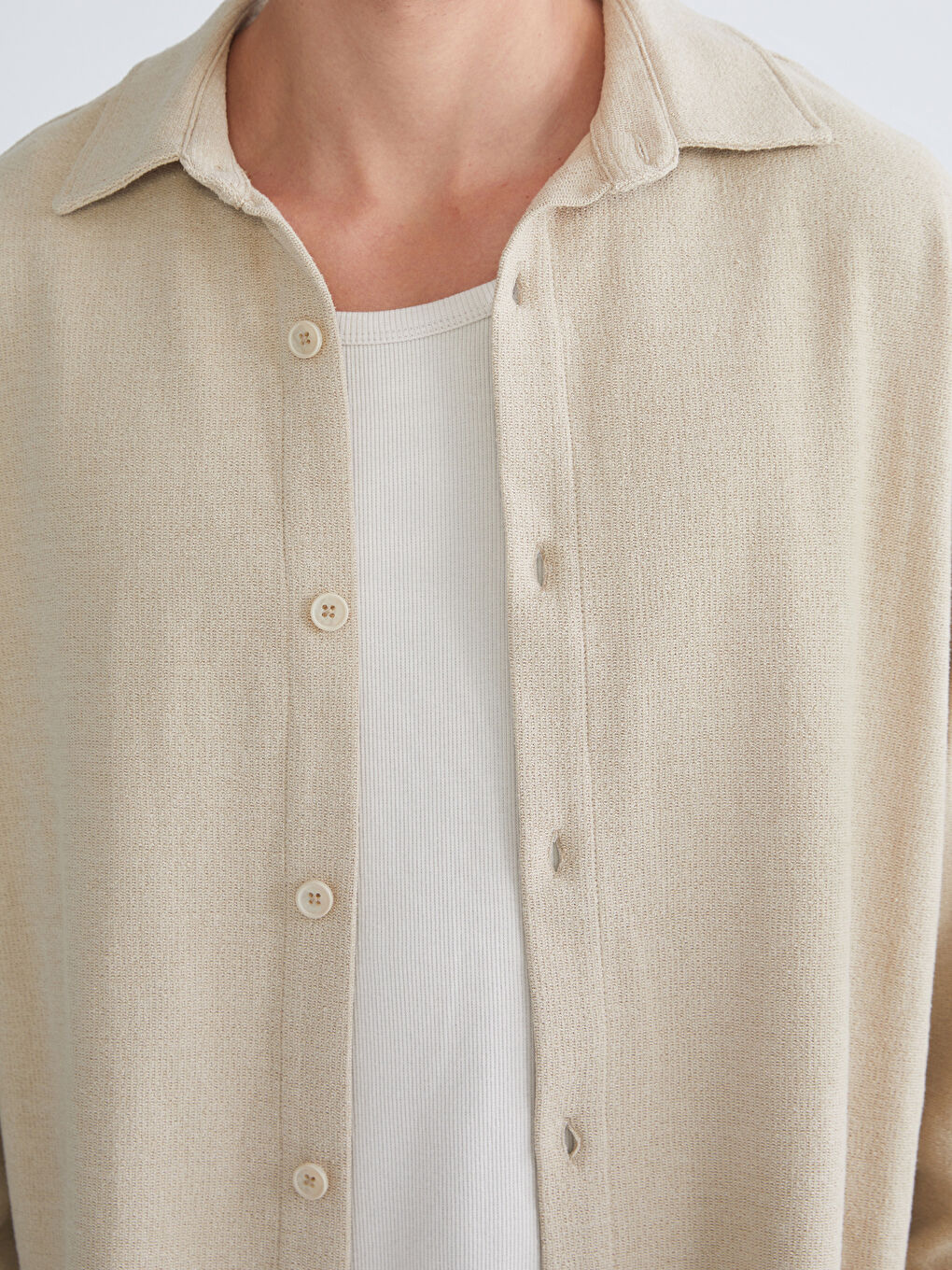 Bej Rahat Kalıp Uzun Kollu Gabardin Erkek Gömlek-3