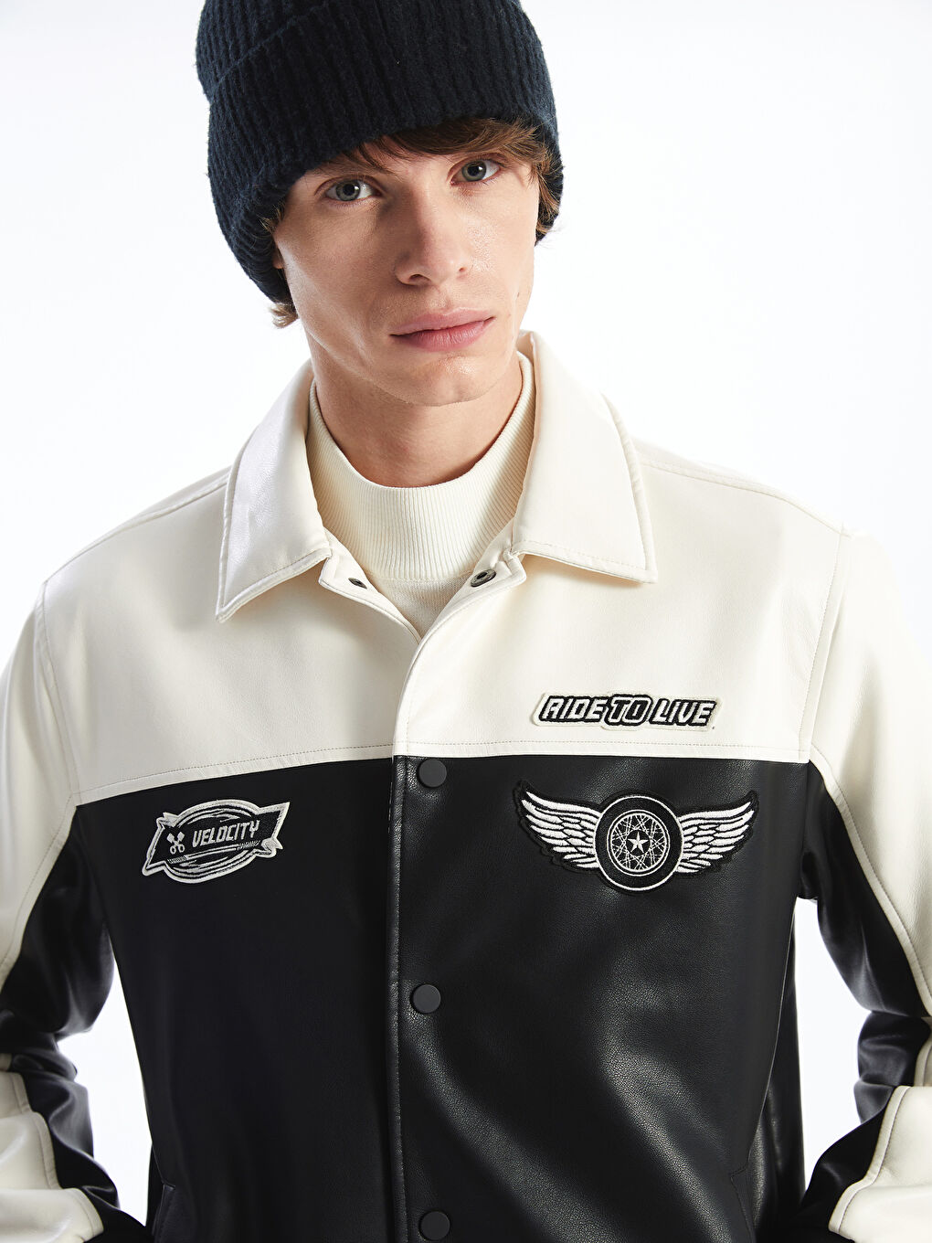 Standard Fit Shirt Neck Men's Faux Leather Jacket -S52137Z8-CVL