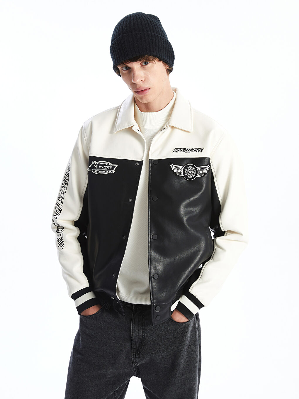 Standard Fit Collared Neck Men's Leather Look Coat -S52138Z8-CVL