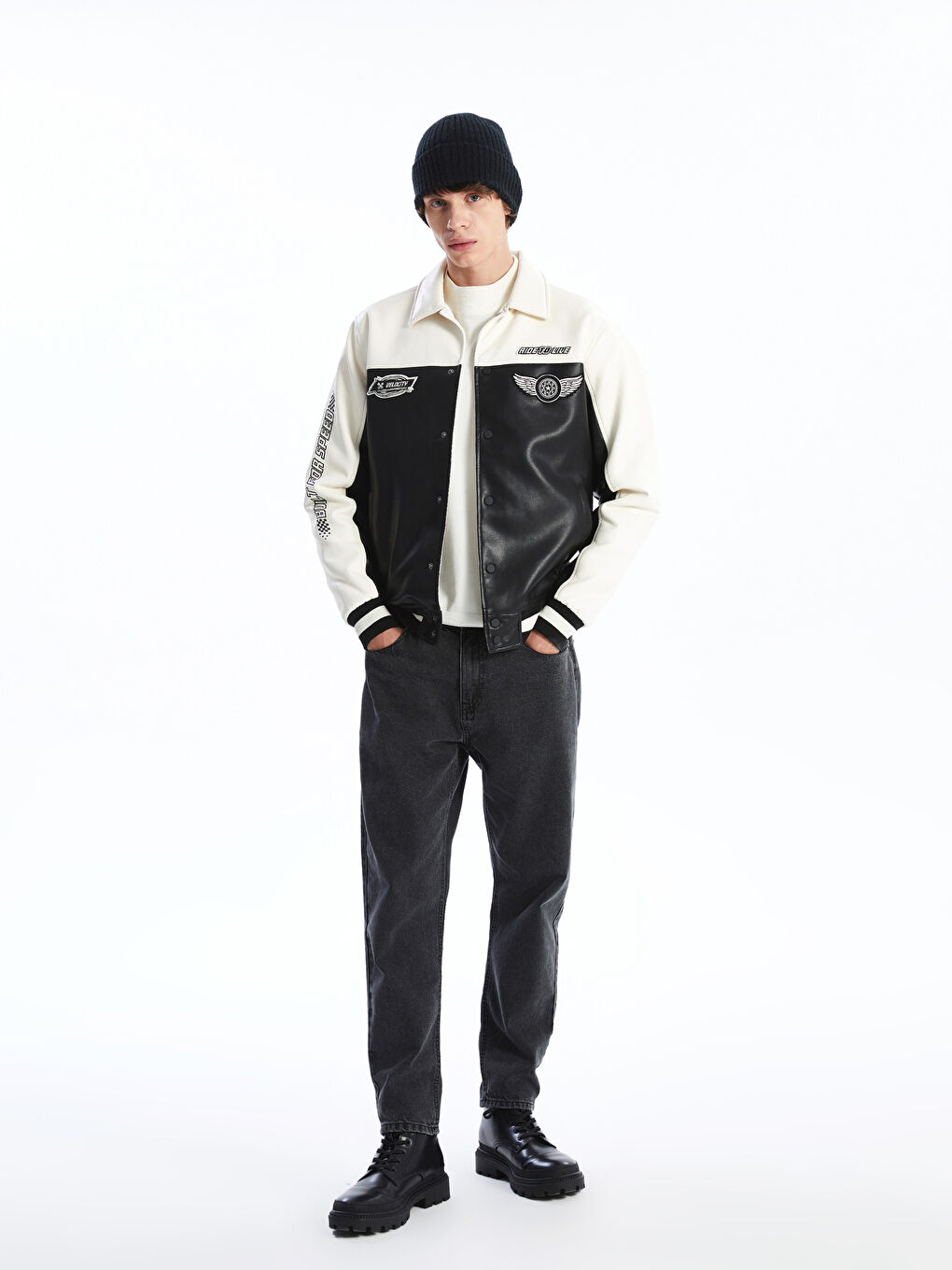 Standard Fit Collared Neck Men's Leather Look Coat -S52138Z8-CVL