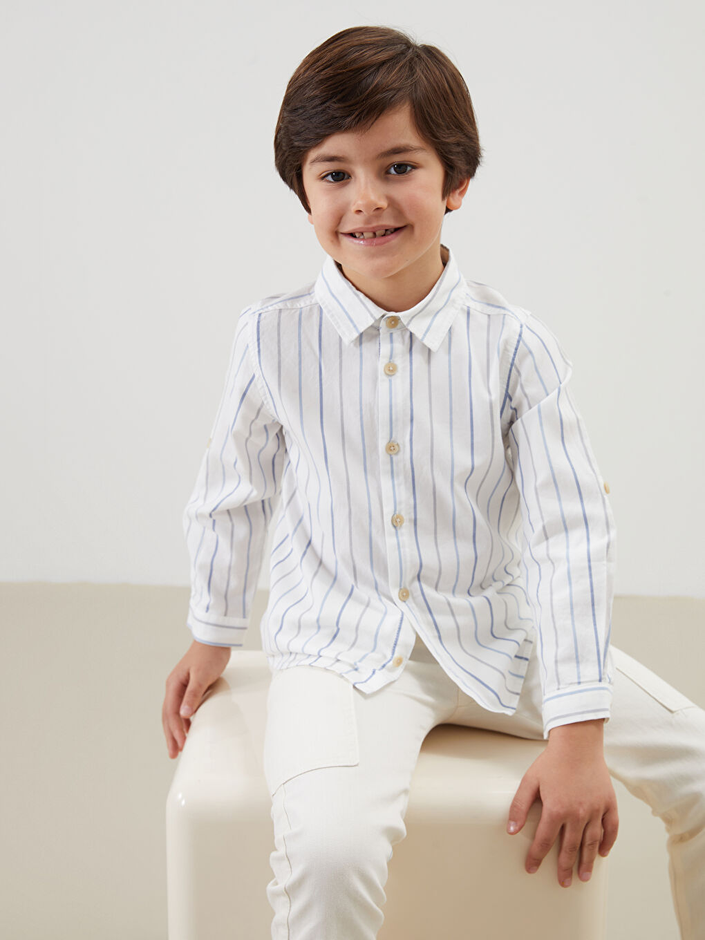 LCW Kids Bej Uzun Kollu Çizgili Erkek Çocuk Gömlek