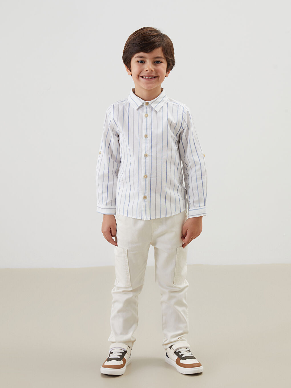 LCW Kids Bej Uzun Kollu Çizgili Erkek Çocuk Gömlek - 1