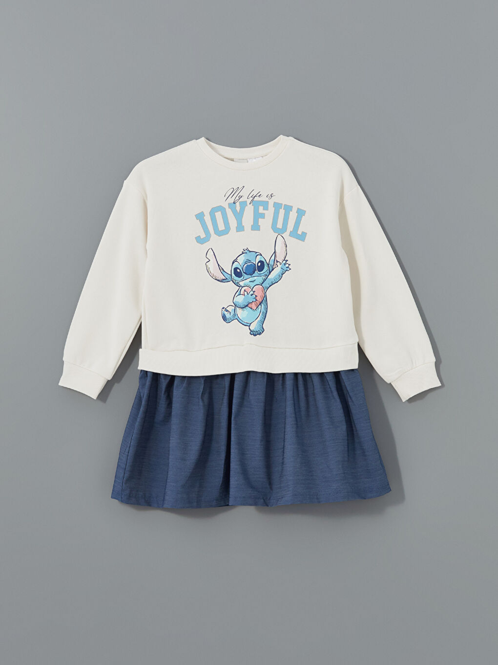 LCW Kids Ekru Bisiklet Yaka Stitch Baskılı Kız Çocuk Elbise