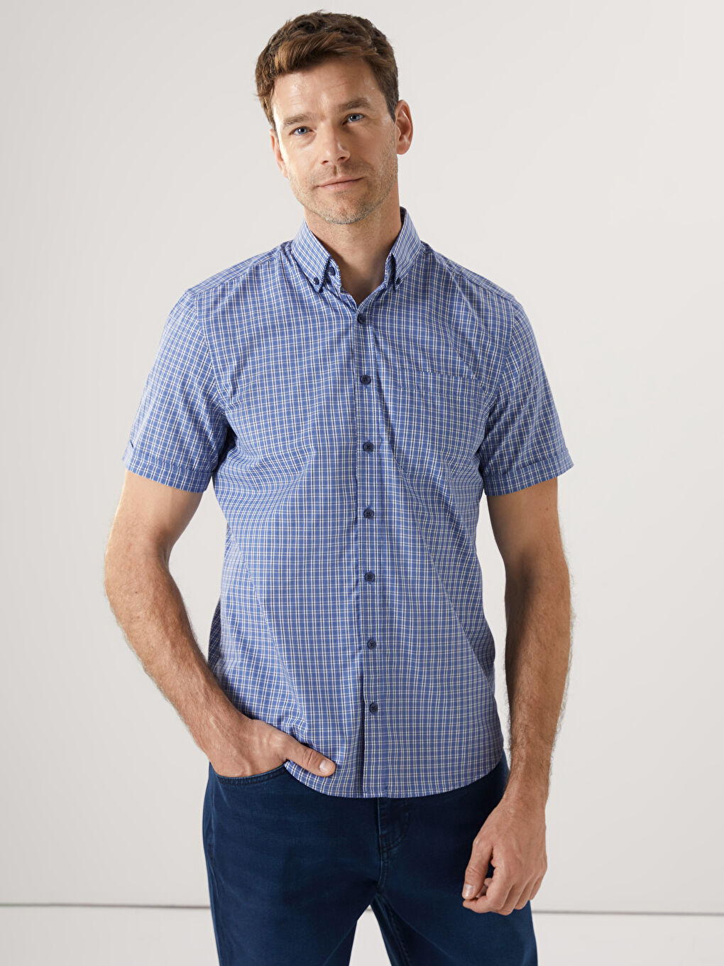 Regular Fit Short Sleeve Plaid Poplin Men's Shirt -S52238Z8-LMR