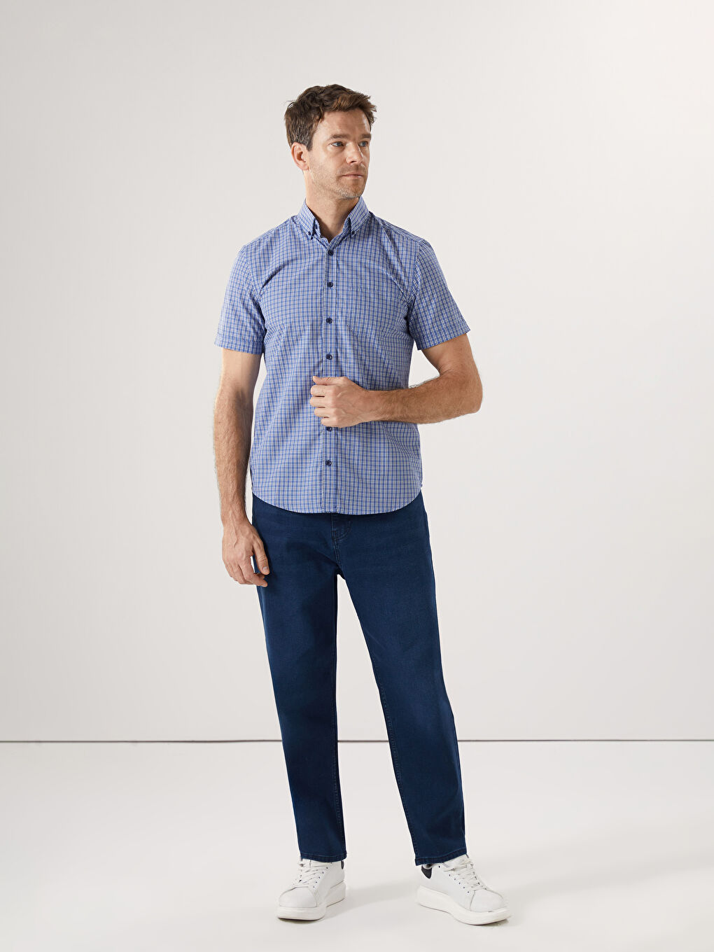 Regular Fit Short Sleeve Plaid Poplin Men's Shirt -S52238Z8-LMR