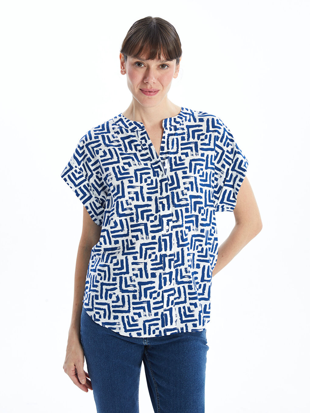 Notch Neck Patterned Women's Shirt -S52445Z8-LS3