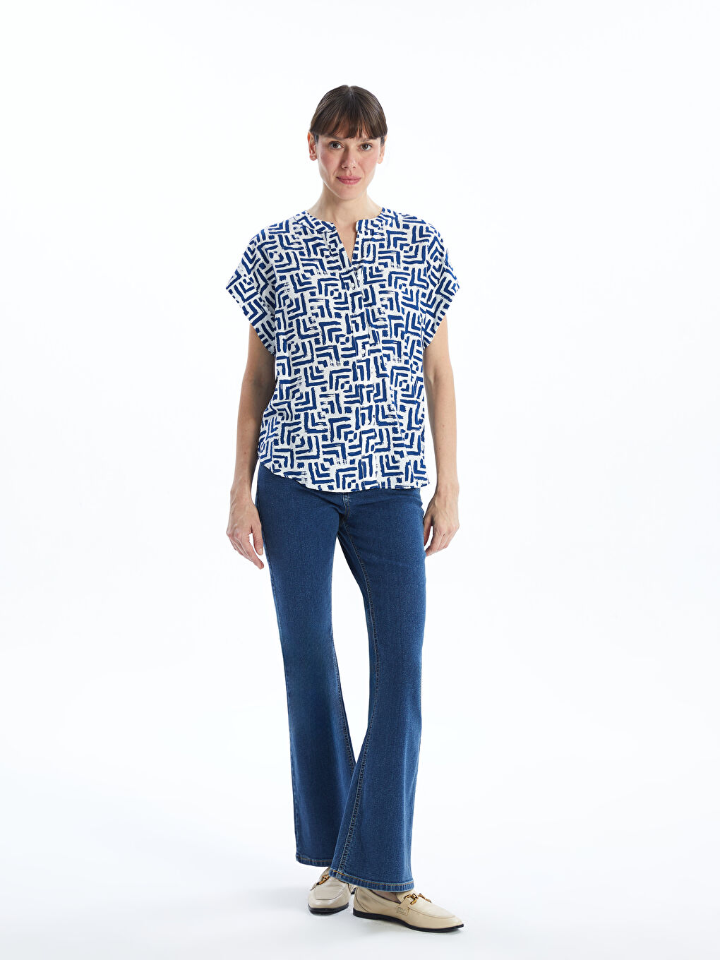 Notch Neck Patterned Women's Shirt -S52445Z8-LS3