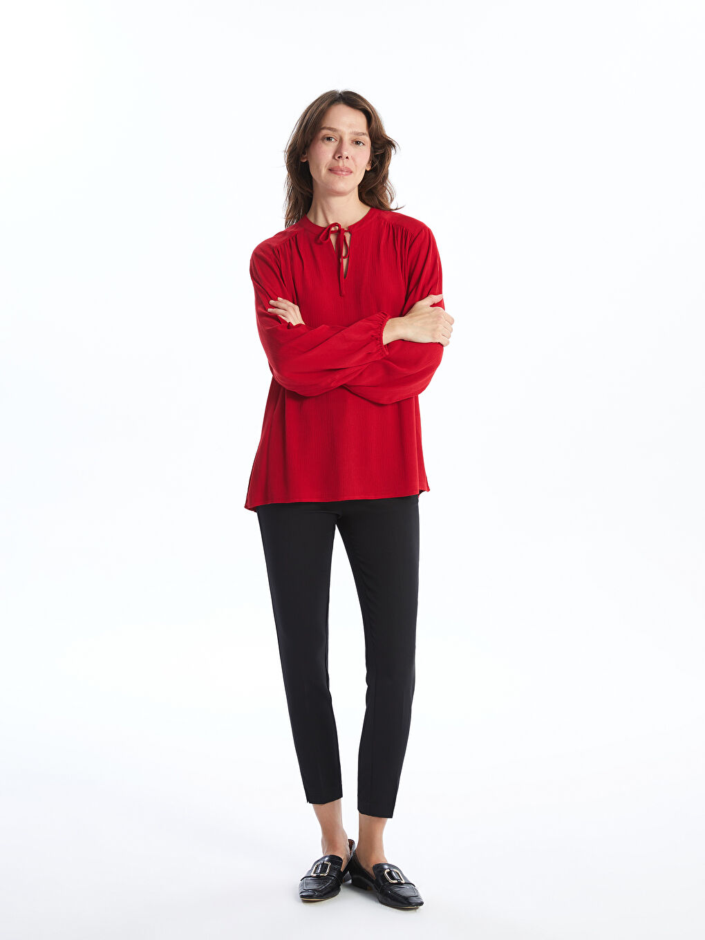 Ženska bluza sa kragnom na vezivanje -S52493Z8-HJY