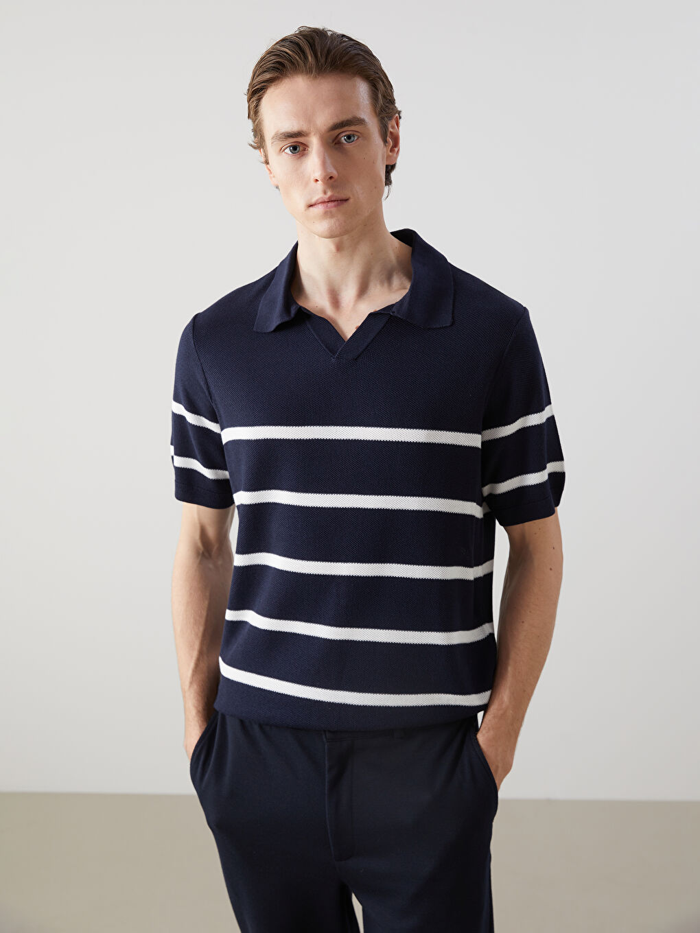 Polo Neck Short Sleeve Striped Men's Knitwear Sweater -S52542Z8-LGS