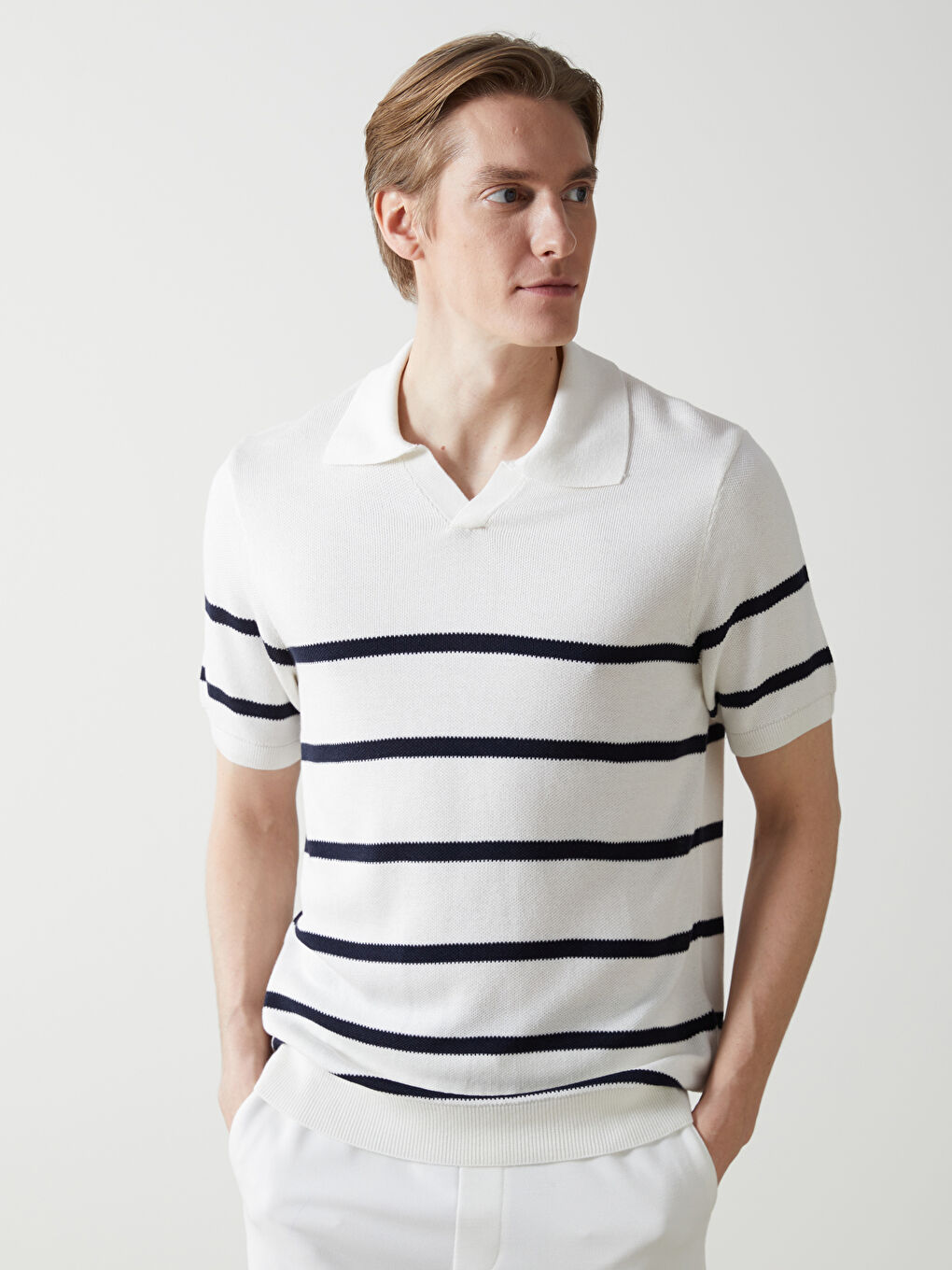 Polo Neck Short Sleeve Striped Men's Knitwear Sweater -S52542Z8-LJX
