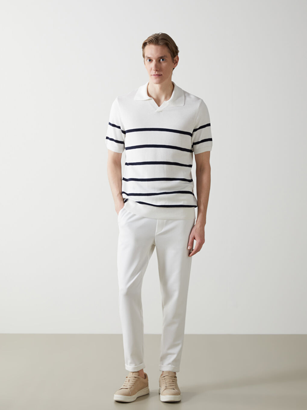 Polo Neck Short Sleeve Striped Men's Knitwear Sweater -S52542Z8-LJX