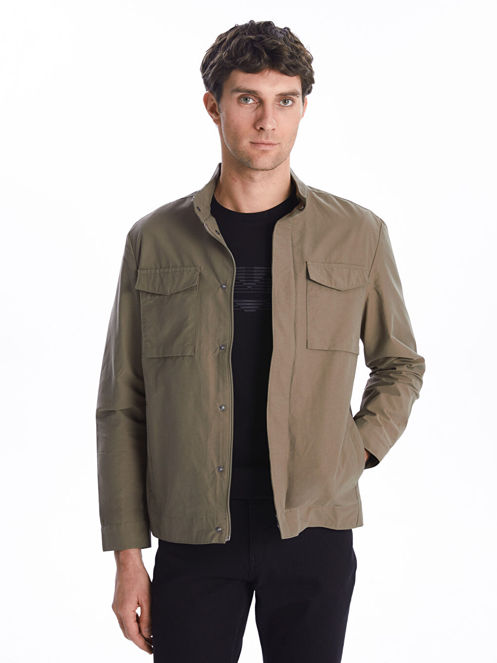 Haki Standart Kalıp Dik Yaka Erkek Mont