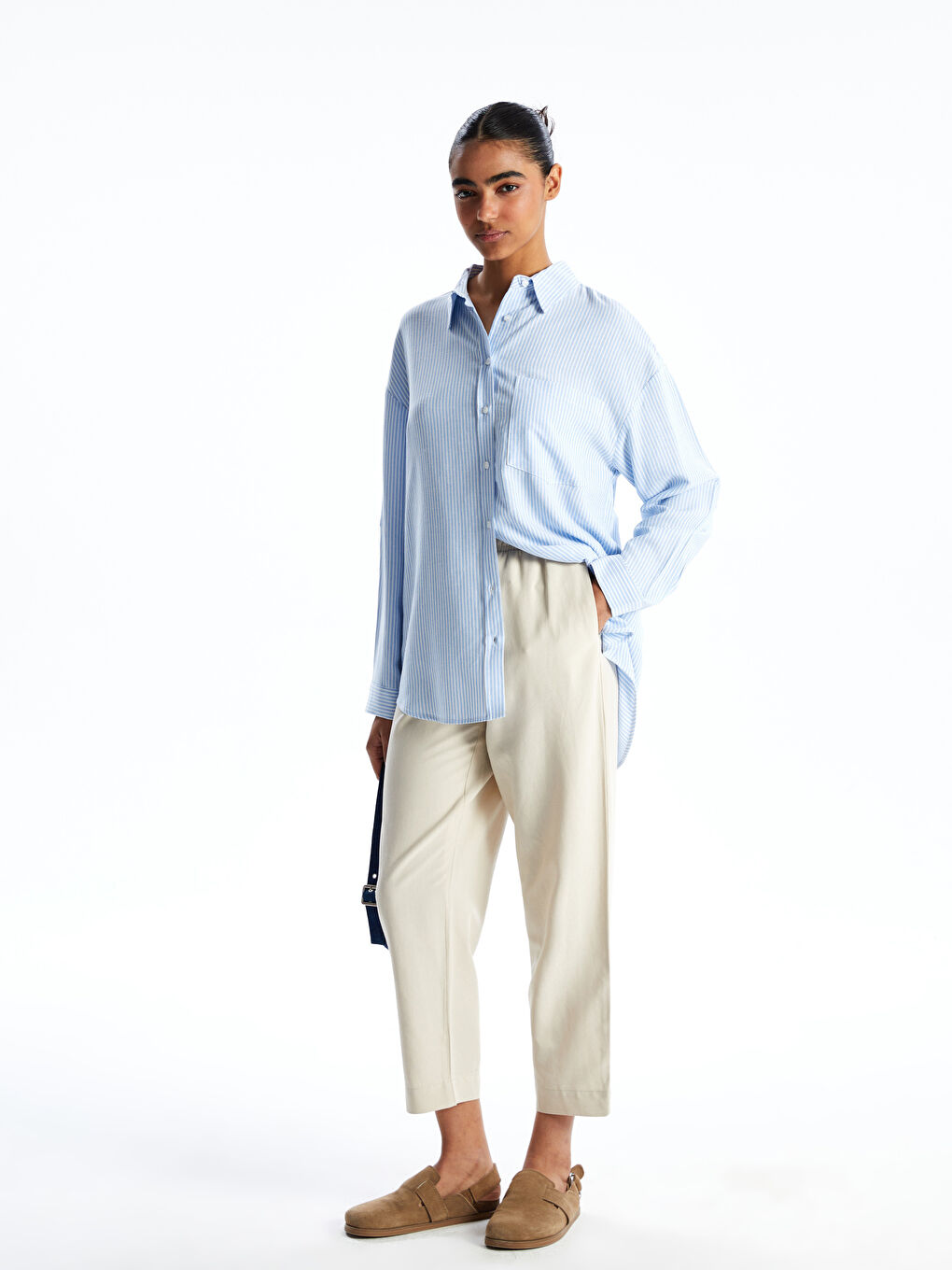 Bej Beli Lastikli Keten Karışımlı Kadın Pantolon