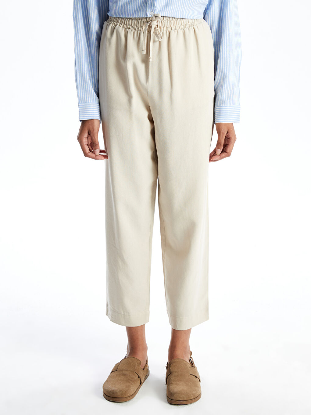 Bej Beli Lastikli Keten Karışımlı Kadın Pantolon-1