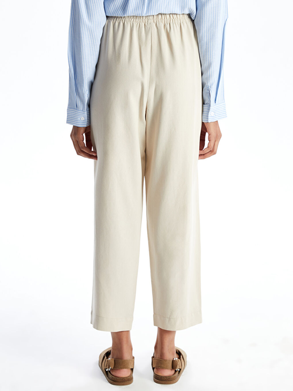 Bej Beli Lastikli Keten Karışımlı Kadın Pantolon-3