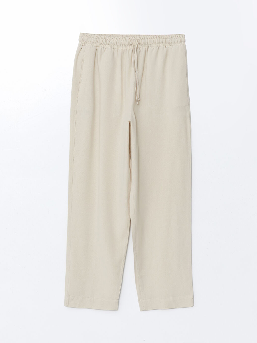 Bej Beli Lastikli Keten Karışımlı Kadın Pantolon-4