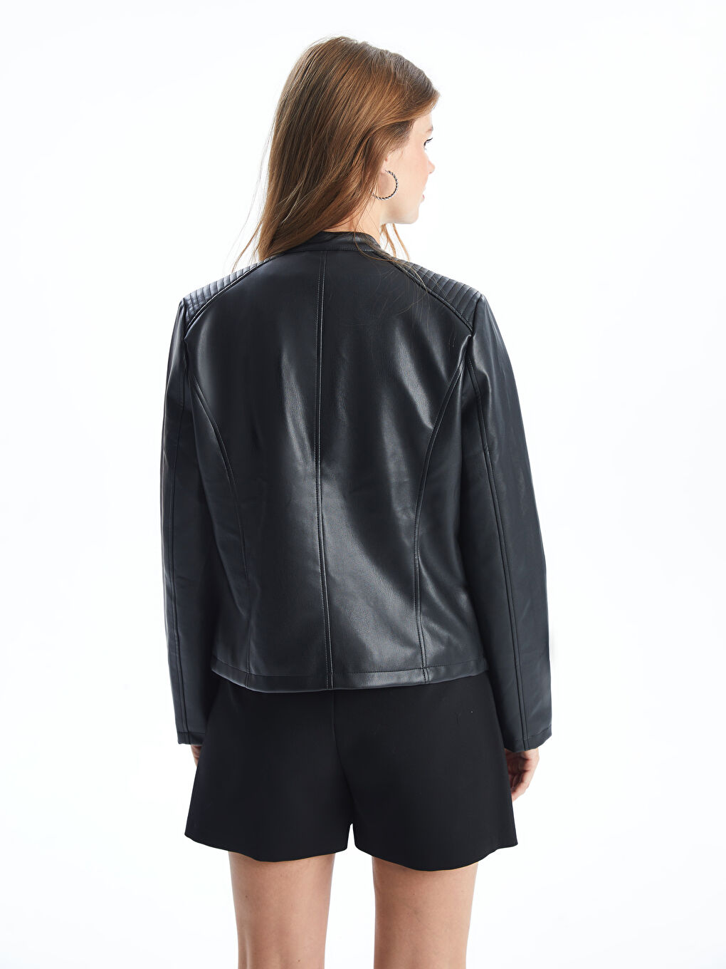 Crew Neck Women's Faux Leather Jacket -S52630Z8-CVL